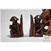 Image 2 : Four carved wooden figures including 6" bookends, 10" woman w/ cane, 10" parents w/ child and 9" man