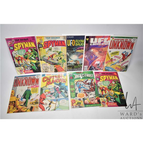 9 assorted comics including 4 Harvey Thriller; 3 Spyman & 1 Jack Quickfrost, 2 ACG; Adventures into 