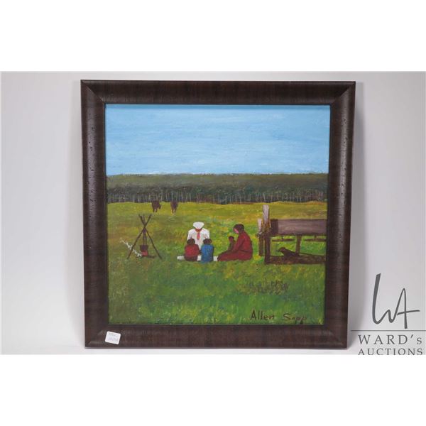 Framed acrylic on canvas painting of a meadow cook-out, signed by artist Allen Sapp, 16  X 16 