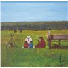 Image 2 : Framed acrylic on canvas painting of a meadow cook-out, signed by artist Allen Sapp, 16" X 16"
