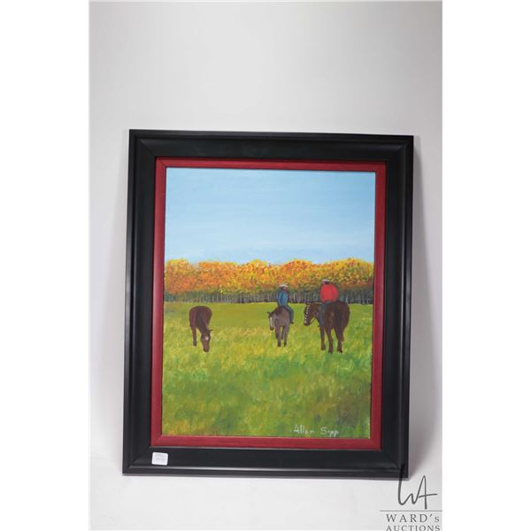 Framed acrylic on canvas painting of mounted riders, signed by artist Allen Sapp, 18  X 14 