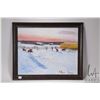 Image 1 : Framed acrylic on canvas painting of a feeding cows in a winter setting, signed by artist Allen Sapp