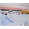 Image 2 : Framed acrylic on canvas painting of a feeding cows in a winter setting, signed by artist Allen Sapp