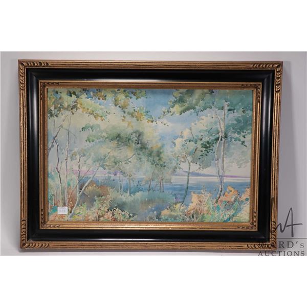 Framed original watecolour painting titled on verso "View From Master bedroom at Gull Lake Cottage,