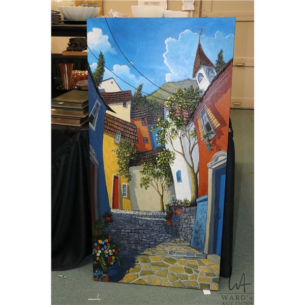 Handpainted textured acrylic on board painting of a European street, signed by artist M. (Miguel) Fr