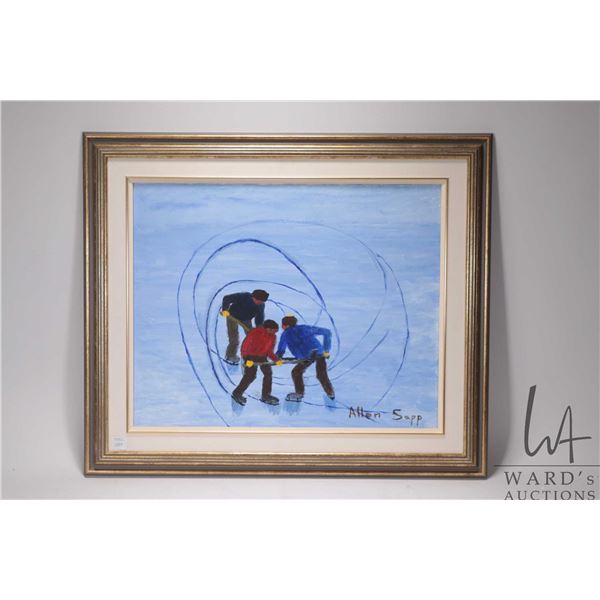 Framed acrylic on canvas painting of youths planning shinny hockey signed by artist Allen Sapp, 16" 