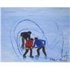 Image 2 : Framed acrylic on canvas painting of youths planning shinny hockey signed by artist Allen Sapp, 16" 