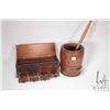 Image 1 : Antique Quebec turned wood mortal and pestle 7 1/2" in height and a multi drawer, lift lid apothecar