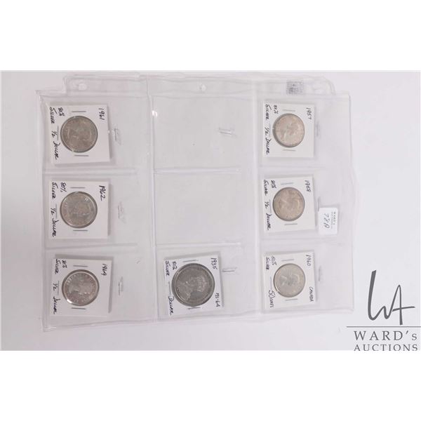 Six Canadian 50 cent coins including 1957, 1958, 1960, 1961, 1962, 1964 plus a 1935 Canadian silver 