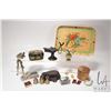 Image 1 : Selection of vintage collectibles includng wooden stamp, papier mache box, small cast oil lamp, glas