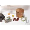 Image 2 : Selection of vintage collectibles includng wooden stamp, papier mache box, small cast oil lamp, glas