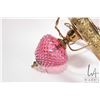 Image 2 : Cranberry hobnail glass electric, oil lamp style ceiling fixture with matching shade plus hurricane.