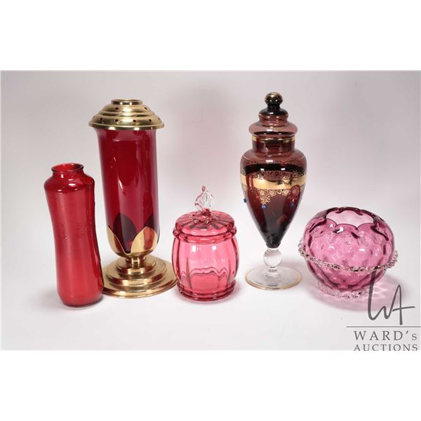 Selection of vintage and collectible glassware including gold overlay lidded urn, cranberry glass ro