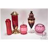 Image 1 : Selection of vintage and collectible glassware including gold overlay lidded urn, cranberry glass ro