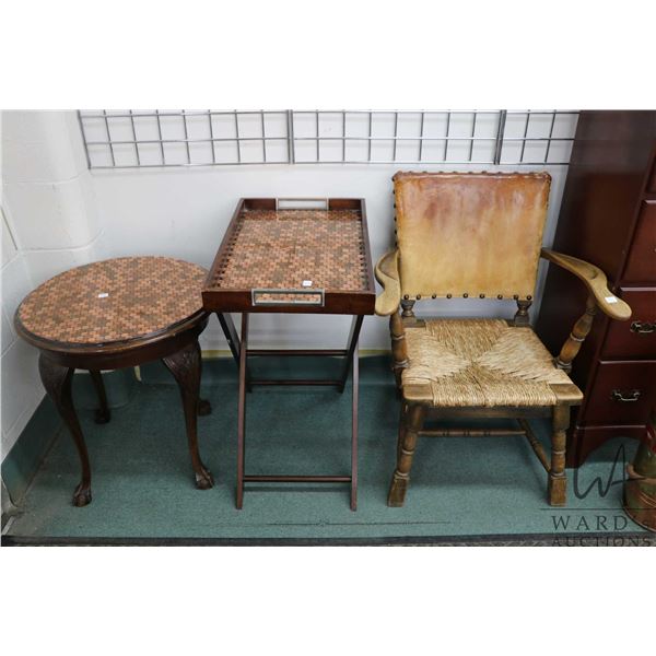 Antique open arm, rush seated chair plus two occasional tables that have been modified with applied 