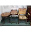 Image 1 : Antique open arm, rush seated chair plus two occasional tables that have been modified with applied 