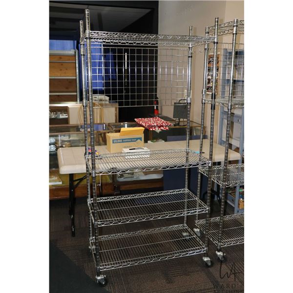 Chrome metal baker's racks on castors with four adjustable shelves, 76" H X 36" W X 18" D