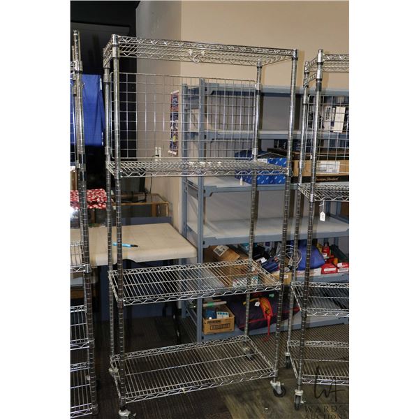 Chrome metal baker's racks on castors with four adjustable shelves, 76" H X 36" W X 18" D