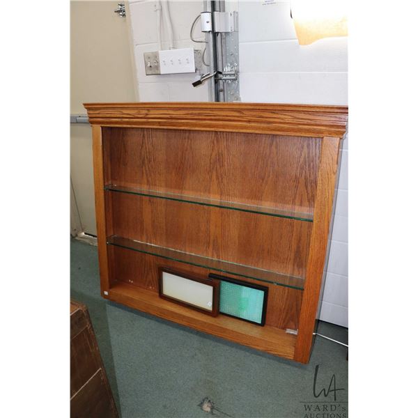 Custom made oak wall mount display with two glass shelves, 46" X 51" X 6" plus three small table top