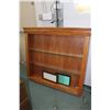 Image 1 : Custom made oak wall mount display with two glass shelves, 46" X 51" X 6" plus three small table top