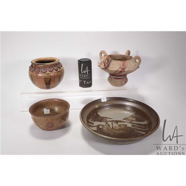 Four pieces of pottery including hand signed bowl, pedestal pot and 12 1/2" diameter charger