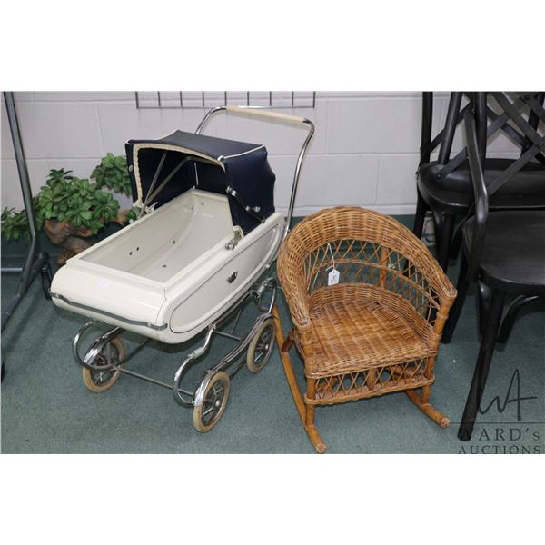 Gendron Canadian made metal doll carriage with folding sun shade plus a child's sized wicker rocking