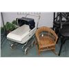 Image 1 : Gendron Canadian made metal doll carriage with folding sun shade plus a child's sized wicker rocking