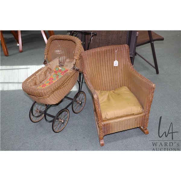 Antique wicker doll's pram and a wicker rocker