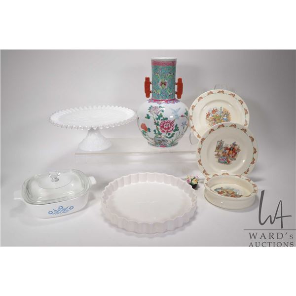 Selection of collectibles including Royal Doulton Bunnykins, milk glass cake tray, Oriental vase, Co