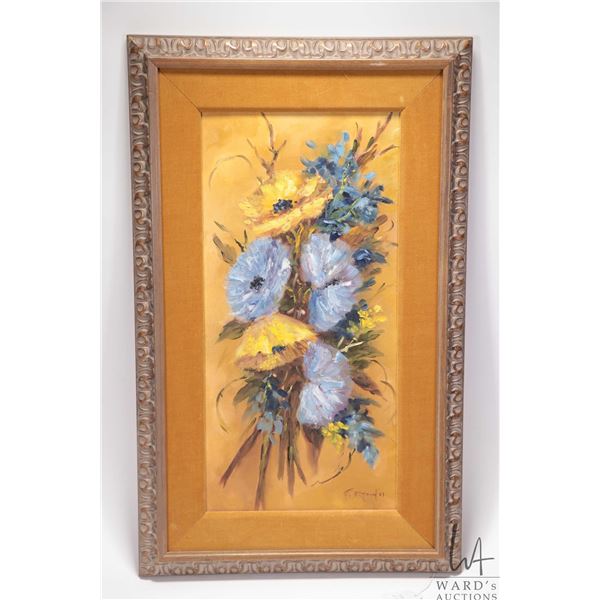 Gilt framed oil on board still-life painting, signed by artist E. (Edie) Bryson, '69, 19" X 10". NOT