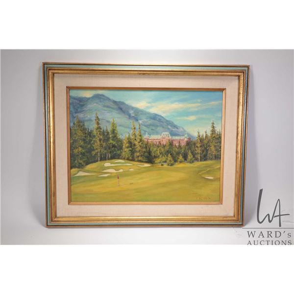 Framed oil on board painting, possibly the Banff Springs Hotel, signed by artist E. (Edie) Bryson, 1