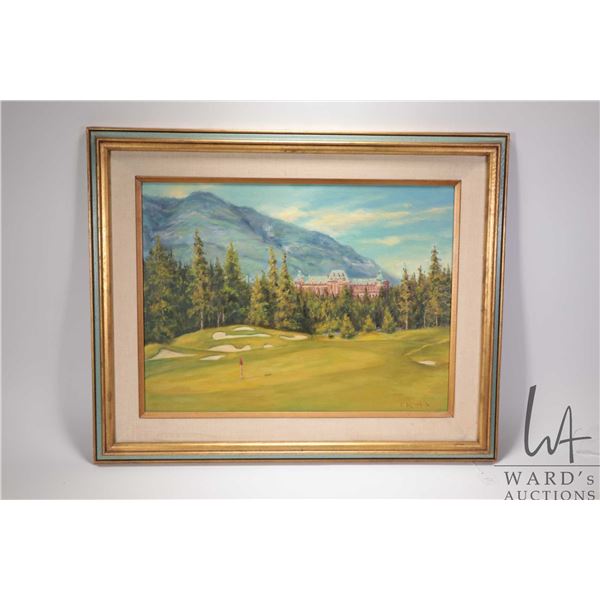 Framed oil on board painting, possibly the Banff Springs Hotel, signed by artist E. (Edie) Bryson, 1