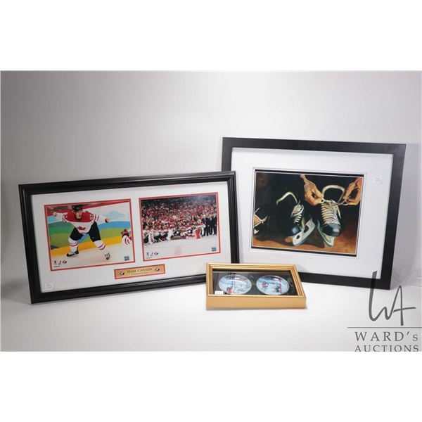 Three wall hangings, all hockey theme including a pair of miniature plates, Team Canada Champions et