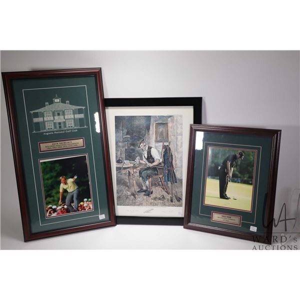 Three framed golfing prints including Jack Nicklaus, dimensions including frame 27" X 16" and Mike W