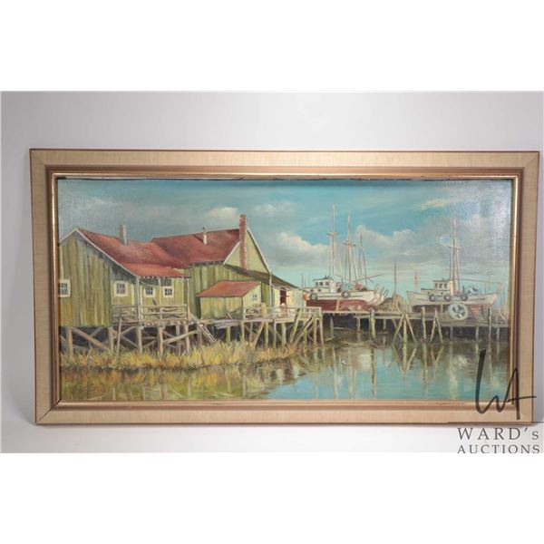 Framed oil on board painting of a harbour scene with boat, signed by artist E. (Edie) Bryson, '68, 1