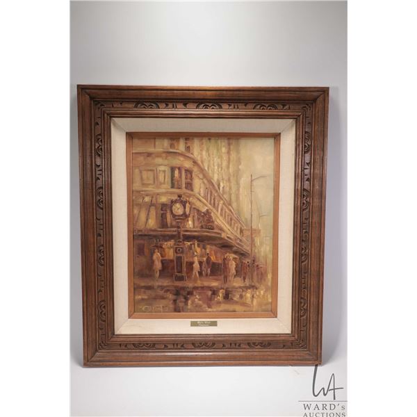 Framed oil on board painting, titled on brass plaque "Birks Clock, Vancouver", by artist E. ( Edie) 