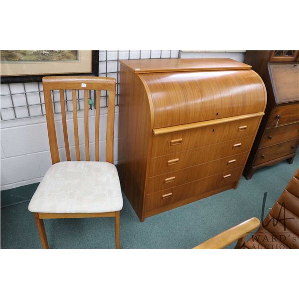 Mid century modern teak cylinder desk with pull out writing surface, fitted interoir and four drawer