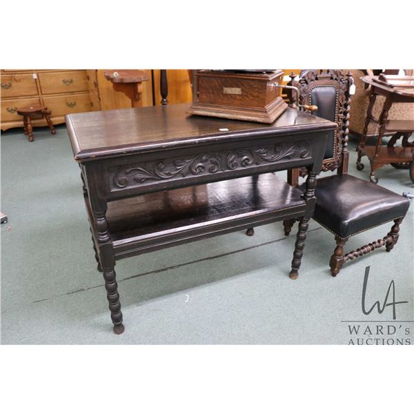 Antique oak single drawer server with carved skirt, under shelf and bobbin turned legs, 29" X 36" X 