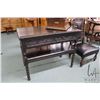 Image 1 : Antique oak single drawer server with carved skirt, under shelf and bobbin turned legs, 29" X 36" X 