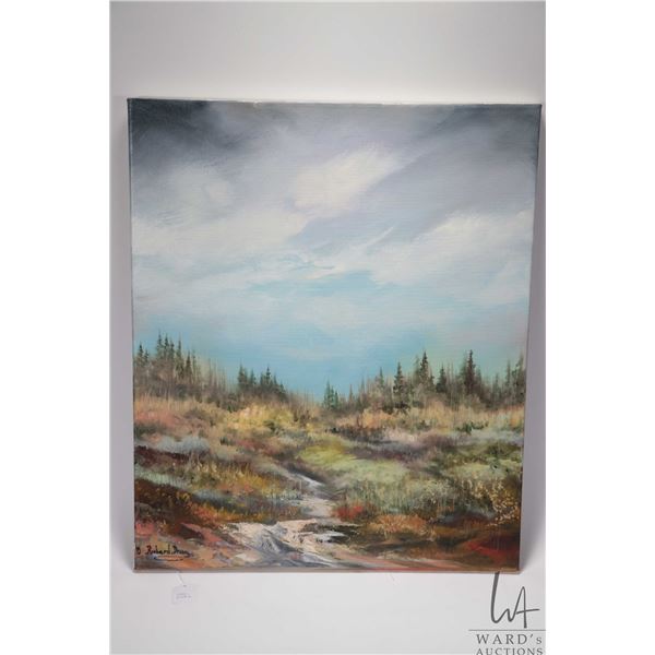 Unframed original oil on canvas painting, titled on verso "Elk Island Path" by Canadian artist Richa