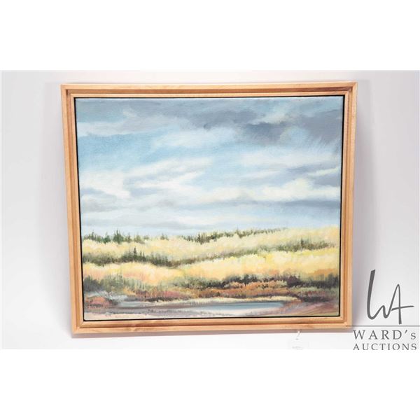 Framed oil on canvas painting titled on verso "Elk Island Trees" by Canadian artist Richard Dixon, 1