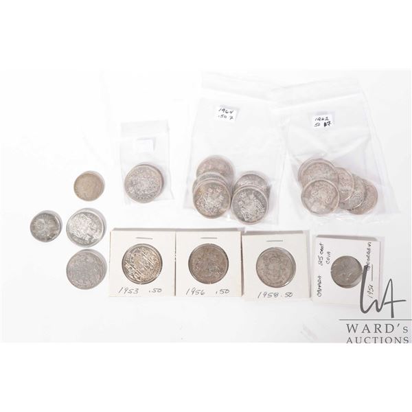 Twenty one Canadian 50 cent coins including 1919, 1953, 1956, 1958, 1960, 1961 (X2) 1963 (X7) and 19