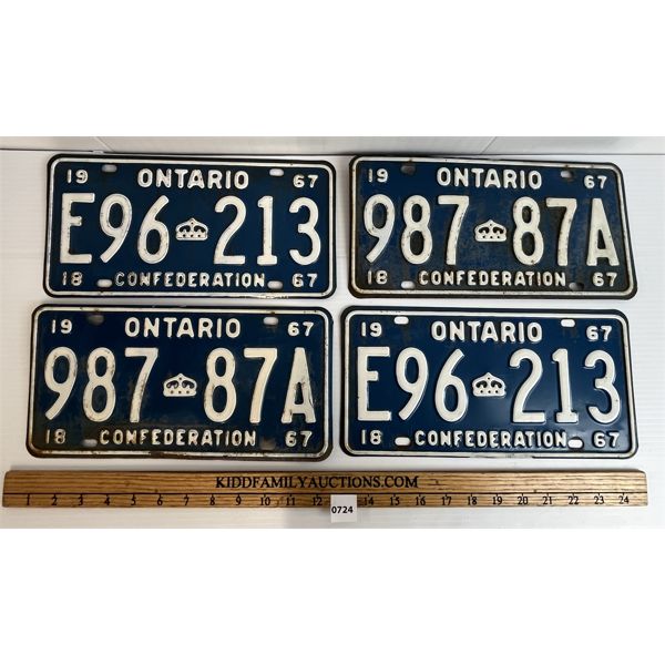 LOT OF 2 - PAIRS OF 1967 ONTARIO LICENCE PLATES 