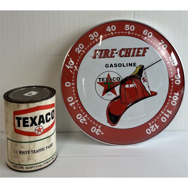 LOT OF 2 - TEXACO FIRE-CHIEF THERMOMETER & QT WHITE TRAFFIC PAINT CAN