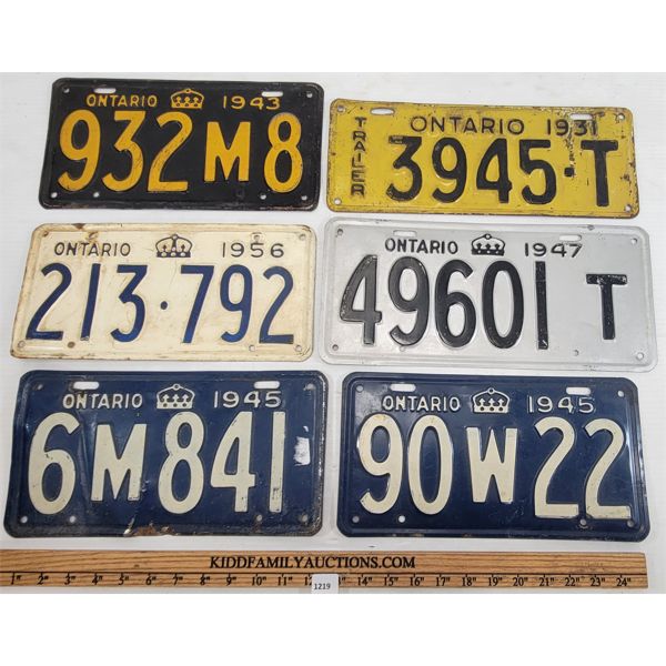 LOT OF 6 - 1930'S-1950'S ONTARIO LICENCE PLATES