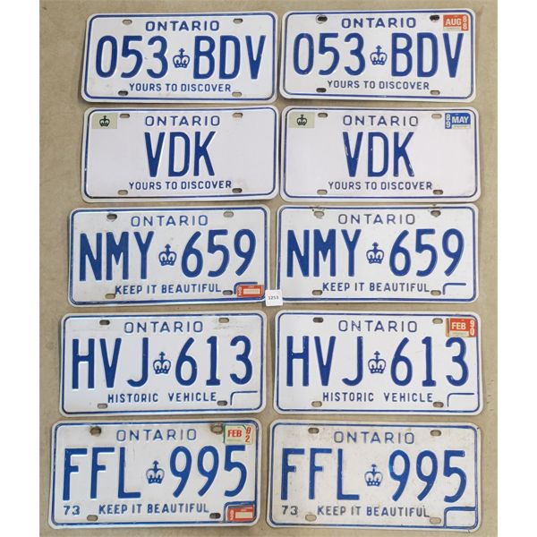 LOT OF 5 - PAIRS OF ONTARIO LICENCE PLATES - INCL 1973