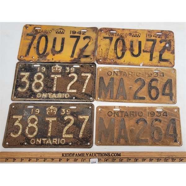 LOT OF 3 - PAIRS OF ONTARIO LICENCE PLATES - INCL 1934, 1939 ETC.