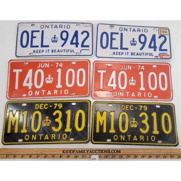 LOT OF 3 - PAIRS OF ONTARIO LICENCE PLATES - INCL 1974, 79 ETC.