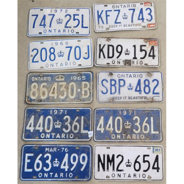 LOT OF 10 - ONTARIO LICENCE PLATES - INCL 1965