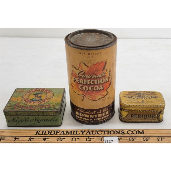 LOT OF 3 - PLAYERS CIGARETTE, COWAN'S COCOA, AND PERIQUE TINS